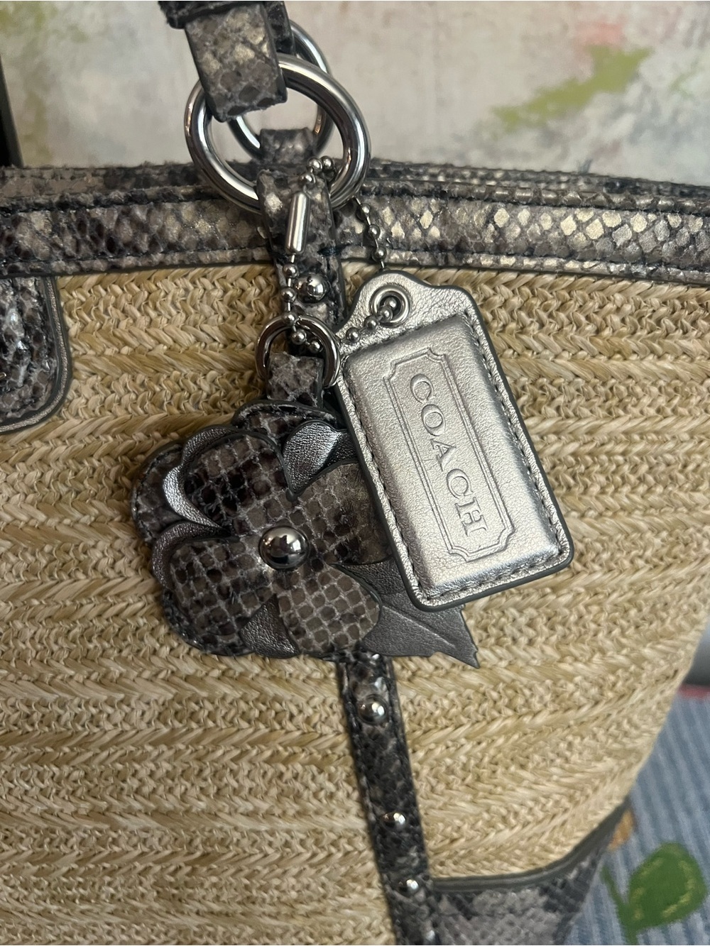 Coach 2013 Alexandra Straw Tote with Exotic Python Leather Trim - Picture 3 of 14
